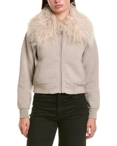 Hannah Rose Merino Wool Lamb Collar Bomber Jacket In Brown