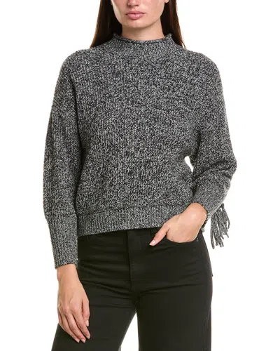 Hannah Rose Merino Wool Marled Fringe Mock Neck Sweater In Black