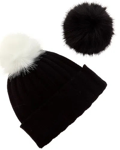 Hannah Rose Snap-top Pom Pom Cashmere Hat In Black