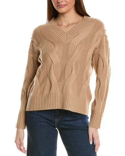 Hannah Rose Wide Cable V-neck Wool & Cashmere-blend Sweater In Brown