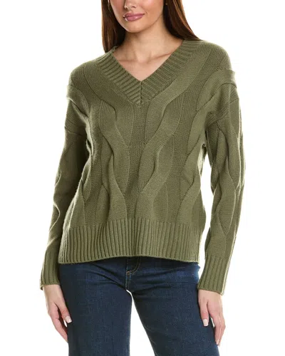 Hannah Rose Wide Cable V-neck Wool & Cashmere-blend Sweater In Green