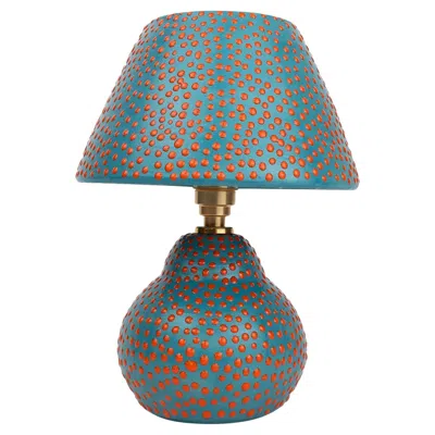 Pre-owned Hannah Simpson Studio Ceramic Lamp And Shade- Turquoise And Orange Spots