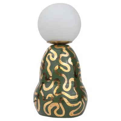 Pre-owned Hannah Simpson Studio Ceramic Lamp With Glass Lamp Shade- Green And Gold Wiggle
