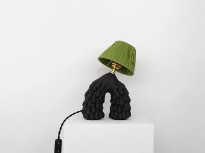 Pre-owned Hannah Simpson Studio 'follow' Table Lamp - Matte Black With Green Raffia Shade