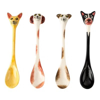 Hannah Turner Neutrals / White / Brown Ceramic Dog Spoons In Gold
