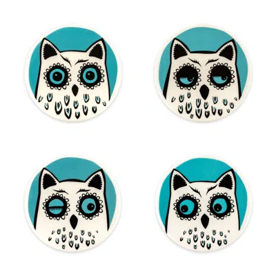 Hannah Turner White / Blue Owl Coaster Set Of Four In Multi