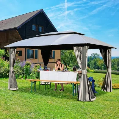 Hanni 10x14ft Grey Gazebo. Double Roof, Netting, Removable Curtains. Heavy Duty Metal Frame. . For Patio, 