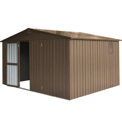 Hanni 11'x 9' Metal Garden Storage Shed, Galvanized Steel Frame, Windows, Lockable Door, 630cu.ft., Brown 