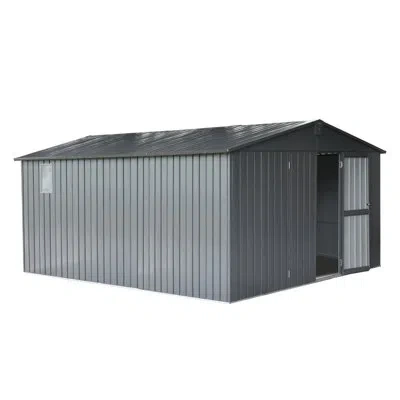 Hanni 11'x12.5' Outdoor Metal Storage Cabinet, Galvanized Steel, Windows, Lock, Dark Gray Shed With Steel 