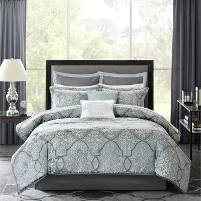 Hanni 12 Piece Blue King Comforter Bedding With Cotton Sheets - Geometric Design, Decorative Pillows, Bed 