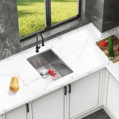 Hanni 15"x20"x9" Undermount Stainless Steel Kitchen Sink 18 Gauge, Single Bowl, X - Shaped Water Drain For In Brushed Nickel