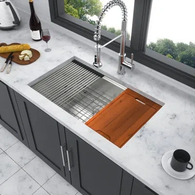 Hanni 16 Gauge 28"x19"x10" Single Bowl Undermount Kitchen Sink Of 304 Stainless Steel, Workstation Functio In Brushed Nickel