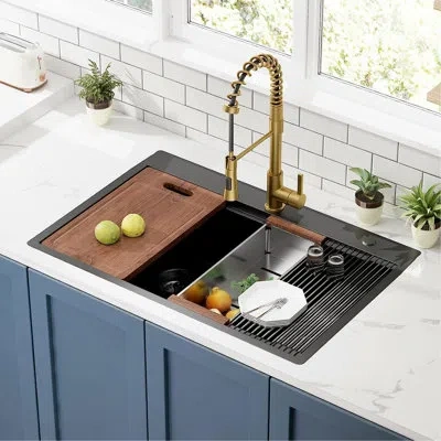 Hanni 16 Gauge 304 Stainless Steel Sink - 33 Inch Gunmetal Black Double Bowl And Colander Package 33" Kitc In Gun Metal