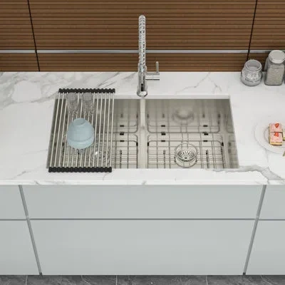 Hanni 16 Gauge Double Bowl Undermount Kitchen Sink 33"x19", Stainless Steel, 10" Deep Basin, Brushed Nicke In Brushed Nickel