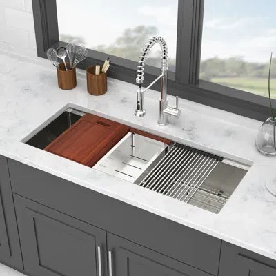 Hanni 16 Gauge Stainless Steel 45x19 Inch Single Bowl Undermount Workstation Kitchen Sink, Built - In Ledg In Brushed Nickel