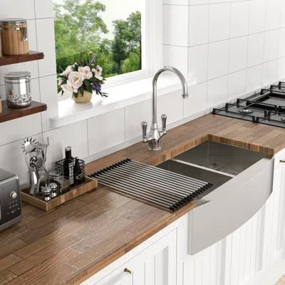 Hanni 20 - Inch Wide Double Bowl 50/50 Apron Front Kitchen Sink 16 Gauge T304 Stainless Steel, 9 Depth, Co In Brushed Nickel