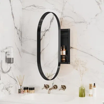 Hanni 20x34 Inch Oval Recessed Medicine Cabinet - Metal Framed With Mirror And Adjustable Shelves, For Hyg In Matte Black
