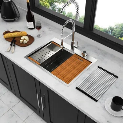 Hanni 28"x22" Stainless Steel Drop-in Sink - 16 Gauge Workstation Practical Design Easy To Clean Surface 2 In Brown