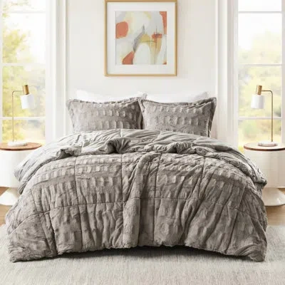 Hanni 3 Pcs Gray Solid Faux Fur Comforter Mini , Stylish Brushed Fur, Machine Wash Separately, Minor Shedd