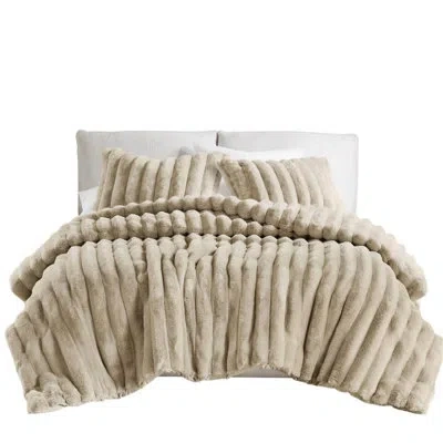 Hanni 3 Pcs King Comforter Of Taupe Faux Fur, Luxurious Smooth Fur Front, Fill For Warmth And Comfort, Ove