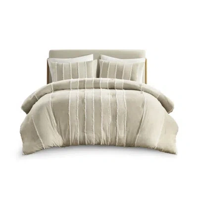Hanni 3 Piece Cotton Comforter Taupe Full - Striped Look, 100% Filling, Trim Accents, Visible In, Fascinat