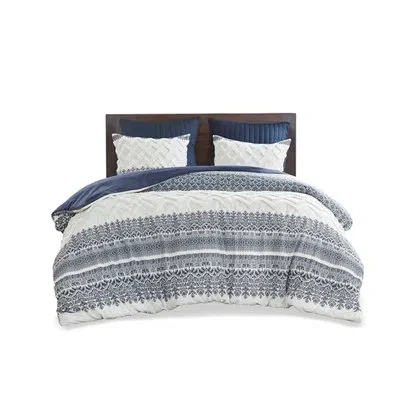 Hanni 3 Piece Duvet Cover - Cotton, Chenille Tufting, Print, Solid Reverse, Button Closure Cotton , Update In Navy