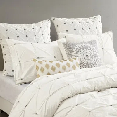 Hanni 3 Piece Elastic Embroidered Cotton Duvet Cover For, Breathable Fabric Bed With Embroidery And Button In White