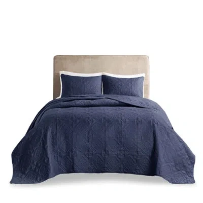 Hanni 3 Piece Full Bedspread In Navy - Microfiber And , Filling, Medallion Pattern, Machine Washable, Arme