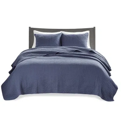 Hanni 3 Piece Navy King/ King Quilt - Reversible With Microfiber And Cotton Filled Foundation Soft