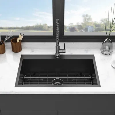 Hanni 30" Kitchen Sink - Gunmetal Black Stainless. 18 Gauge Build. Single Bowl Design. Heat & Seepage Resi In Gun Metal