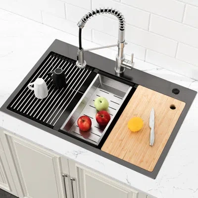 Hanni 304 Stainless Steel Kitchen Sink 30"x22" Black With Basket And Sound Insulation - Space, Reduces Noi In Silver