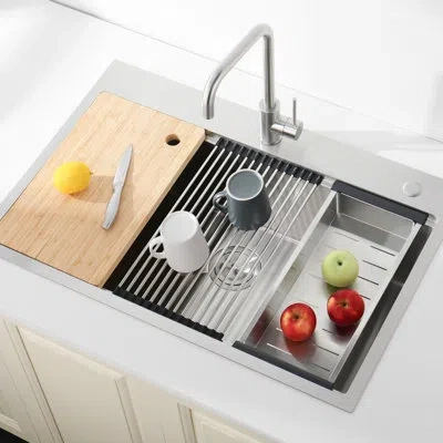 Hanni 304 Stainless Steel Sink, 30"x22", Single Bowl Overmount, Elegant Brushed Finish, With Cutting Board In Silver