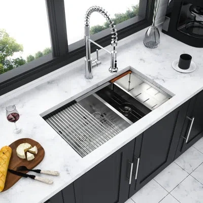 Hanni 30"x19" Double Bowl 60/40  Undermount Kitchen Sink Of 16 Gauge T304 Stainless Steel, 10" Deep Basin, In Brushed Nickel