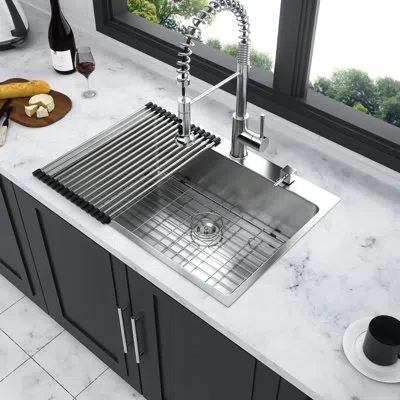 Hanni 30x22 Inch Kitchen Sink In Stainless Steel Drop In: 16 Gauge. T-304 Longevity. Single Bowl, Deep & P In Silver