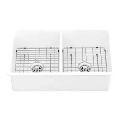Hanni 32" Undermount Double Bowl Ceramic Sink - White Rectangular Basin For Hygienic Kitchen Modern Appeal In Silver