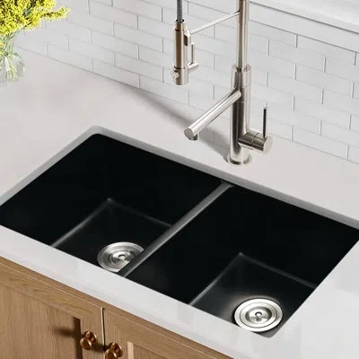 Hanni 32" X 18" Double Bowl Undermount Kitchen Sink - Black Quartz, Sound Absorbing, Heat , Stainproof, Sc In Silver