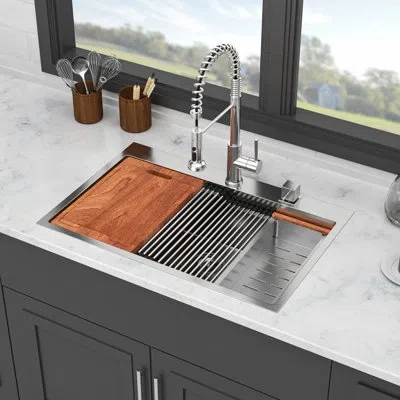 Hanni 33" Drop-in Kitchen Sink - 22x33 Inch Stainless. 16 Gauge T304. Utility Feature. Soundproof & Unimpe In Silver