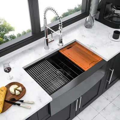 Hanni 33" Gunmetal Black Stainless Steel Apron Front Kitchen Sink Workstation In Silver