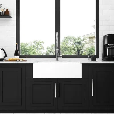 Hanni 33 Inch White Ceramic Kitchen Sink With Arch Edge Apron Front, - Chip And Scratch, Comes Basket Dish In Silver