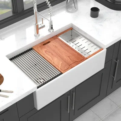 Hanni 33 Inch White Double Apron Ceramic Sink In Style, Workstation Ledge For Space - Saving, Chip And Dis In Silver