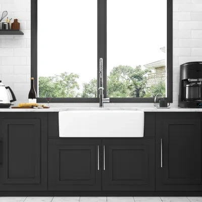 Hanni 33 Inch White Sink - Ceramic Apron Front Basin For Kitchen, , Heat , Scratch And Stain Easy To Scrub In Silver