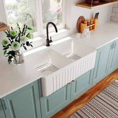 Hanni 33" L X 20" W Sink - Heat , Stain Scratch Rust Extra Deep With Grid And Strainer 33"x20" Double Basi In White