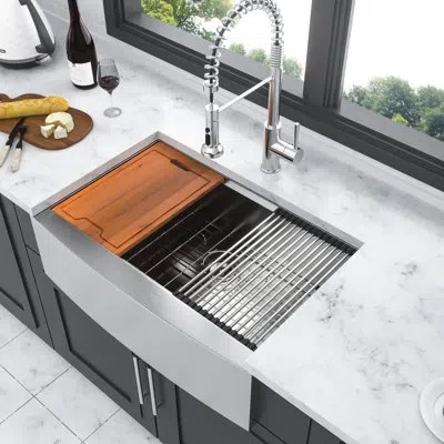 Hanni 33" Stainless Steel Kitchen Sink With Workstation - 16 Gauge, Sparkling Apron Front Basin Fascinatin In Silver
