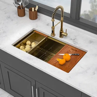 Hanni 33" X 19" 10" Inch, Gold, Single Bowl Undermount Workstation, Kitchen Sink, 16 Gauge, 304 Stainless 
