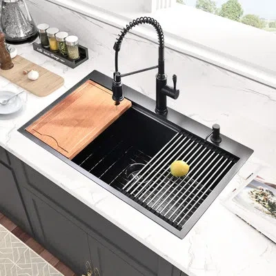 Hanni 33-inch Stainless Steel Sink With Ledge - Spacious Basin For Efficient Kitchen Operations Accessorie In Black