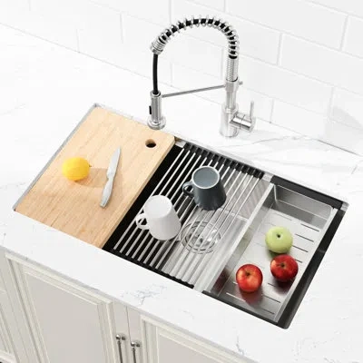 Hanni 33x19 Undermount Stainless Steel Sink With Cutting Board. 304 Steel, And Dependable. Brushed Appeara In Silver
