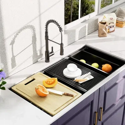 Hanni 33x19inch Double Bowl Kitchen Sink Gunmetal Black Undermount - 18 Stainless Steel With Faucet, Deep  In Gun Metal