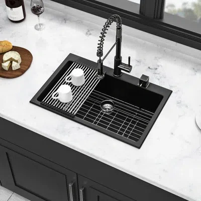 Hanni 33x22" Black Quartz Sink, Granite Composite, Strong And Hygienic Composite Easy To Maintain