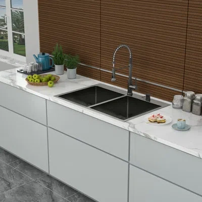 Hanni 33"x22" Gunmetal Black 16 Gauge Double Bowl Drop In Sink With Two 10" Deep Basins, 50/50 Layout For  In Gun Metal
