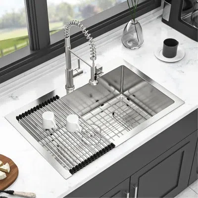 Hanni 33x22 Inch Topmount Sink: 16 Gauge Stainless Steel With Guide And Soundproof Pad Single Bowl Kitchen In Silver